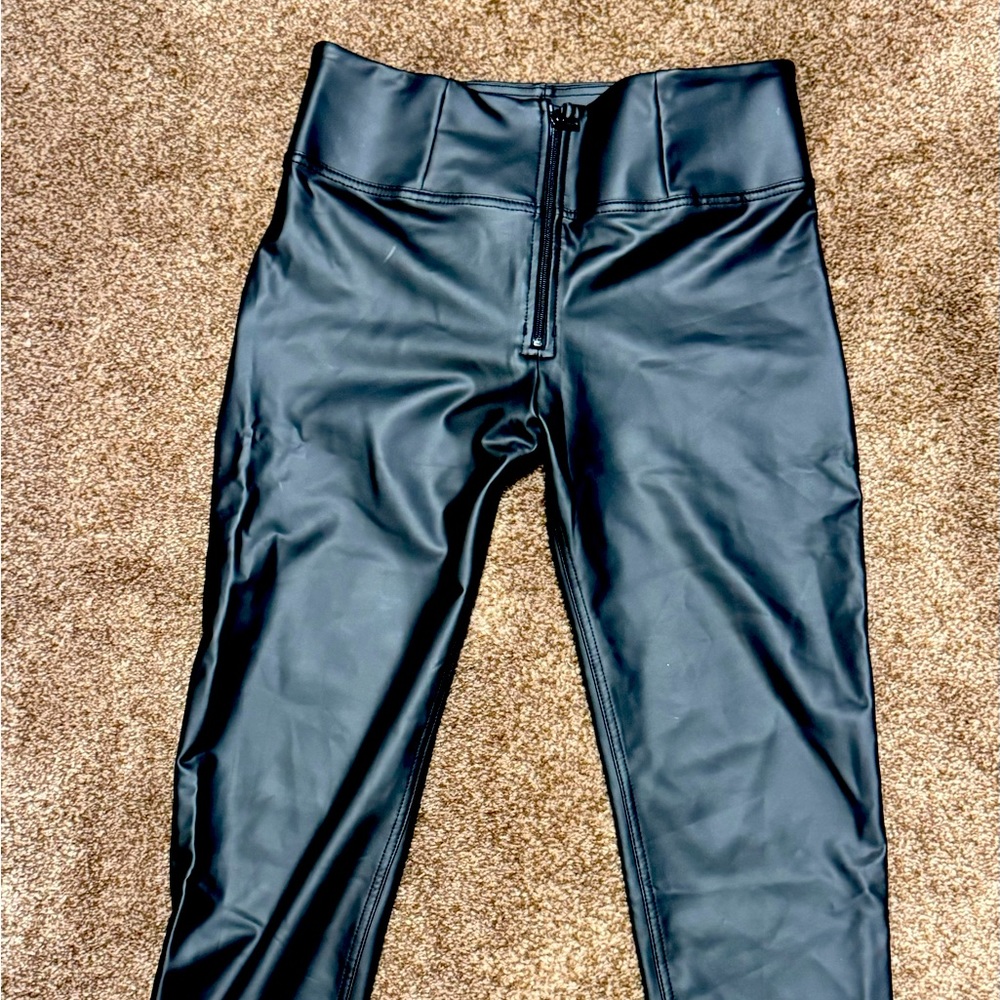 Freddy Black high waisted petit length Epi leather pant.